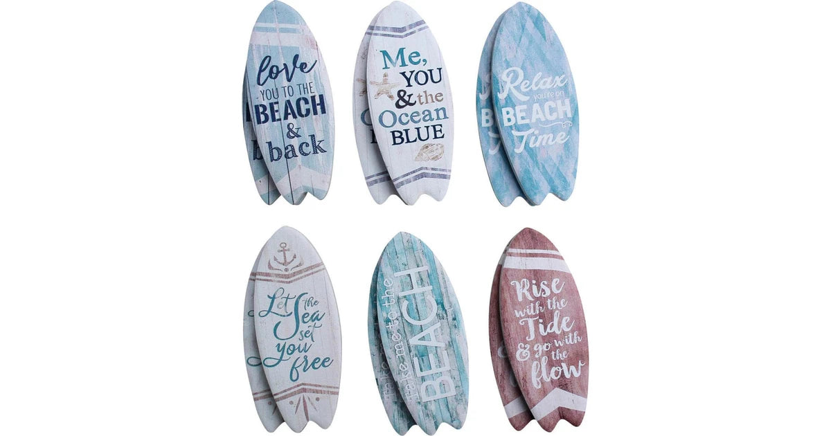 Set of 6 Beach-Themed Surfboard Magnets – Ceramic & Cork | Coastal Home Décor 10x4cm