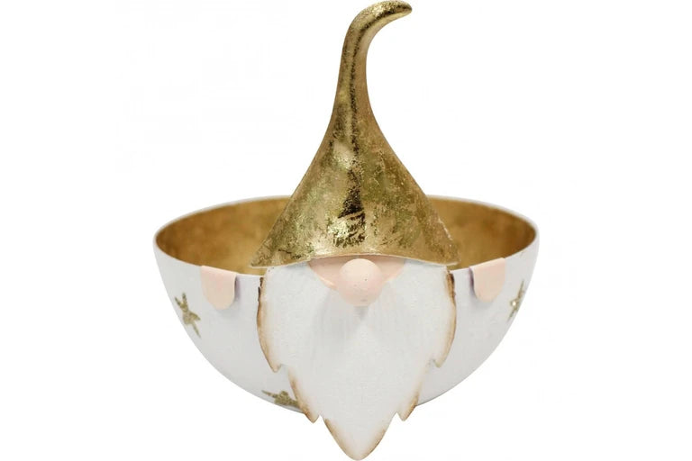 Christmas Santa Decorative Bowl – Small White & Gold Festive Metal Dish | Holiday Tableware 12.5x12x11cm