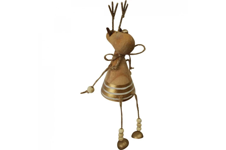 Christmas Reindeer Figurine – Sitting Gold Stripes Wooden & Metal Decoration | 21cm