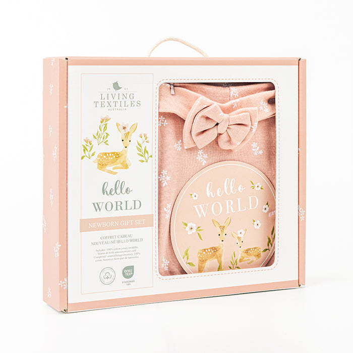 Newborn Gift Set – 100% Cotton Swaddle Wrap, Matching Beanie & Birth Announcement Card | Sophie Garden Dusty Rose