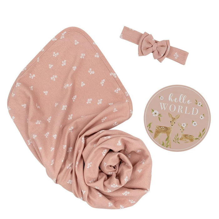 Newborn Gift Set – 100% Cotton Swaddle Wrap, Matching Beanie & Birth Announcement Card | Sophie Garden Dusty Rose