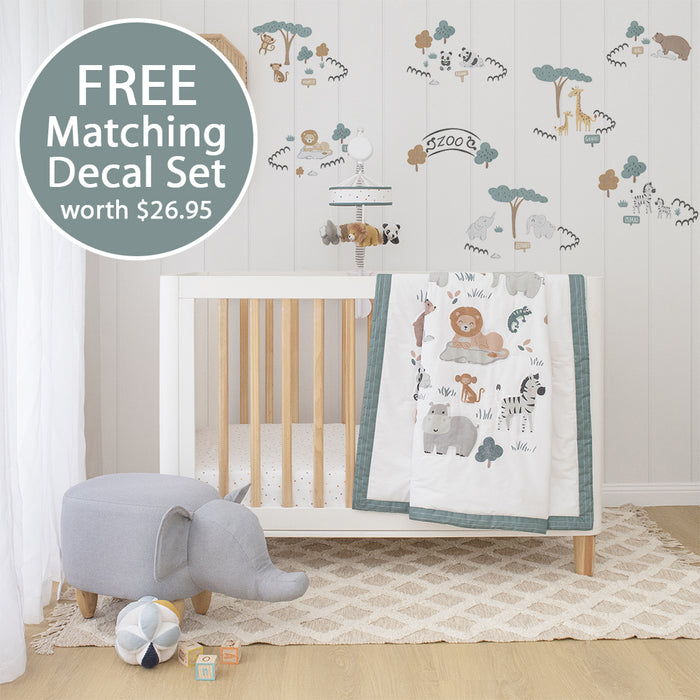 Living Textiles | 4-piece Nursery Set - Day at the Zoo + Free Matching Decal Set - Lozza’s Gifts & Homewares 