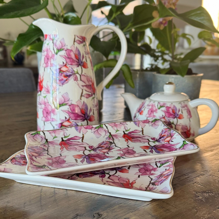 Lavida Flowering Magnolia Ceramic Jug, Teapot & Plates – 4 Piece Floral Dinnerware Gift Set