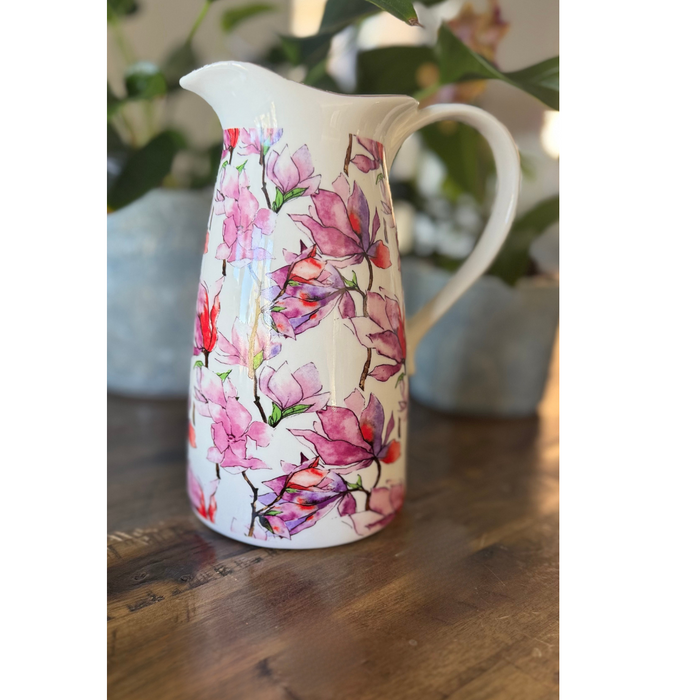 Lavida Flowering Magnolia Ceramic Jug, Teapot & Plates – 4 Piece Floral Dinnerware Gift Set