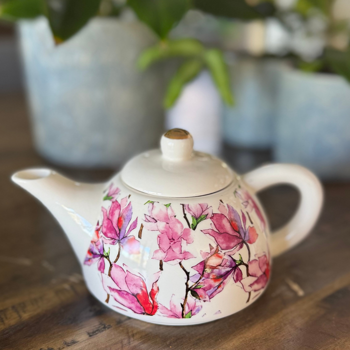 Lavida Flowering Magnolia Ceramic Jug, Teapot & Plates – 4 Piece Floral Dinnerware Gift Set