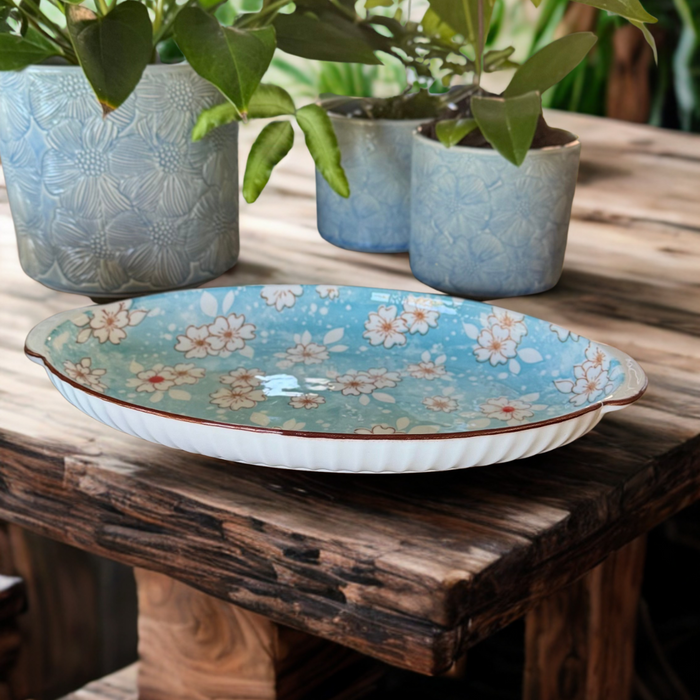Lavida Blossom Deep Sky Blue Ceramic Dinnerware Set – 6 Piece Collection | Platter, Plates & Bowls