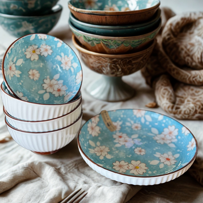Lavida Blossom Deep Sky Blue Ceramic Dinnerware Set – 6 Piece Collection | Platter, Plates & Bowls