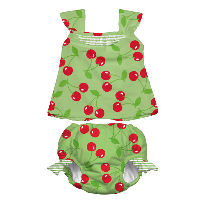 i.play Ruffle Tankini Swimsuit Set with Snap Reusable Absorbent Swim Diaper - Lime Cherry