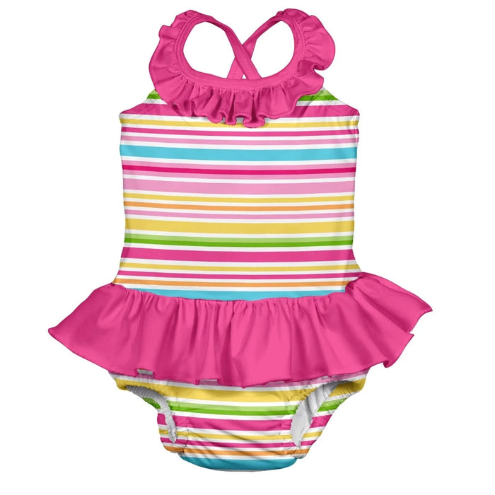 Ruffle Swimsuit with Built-in Reusable Absorbent Swim Diaper - Pink Multistripe - Lozza’s Gifts & Homewares 