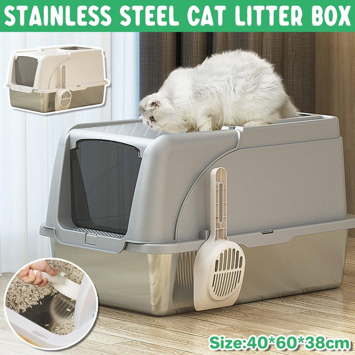 Durable Stainless Steel Cat Litter Box Pan Pet Toilet Odor Control Tray Large - Grey