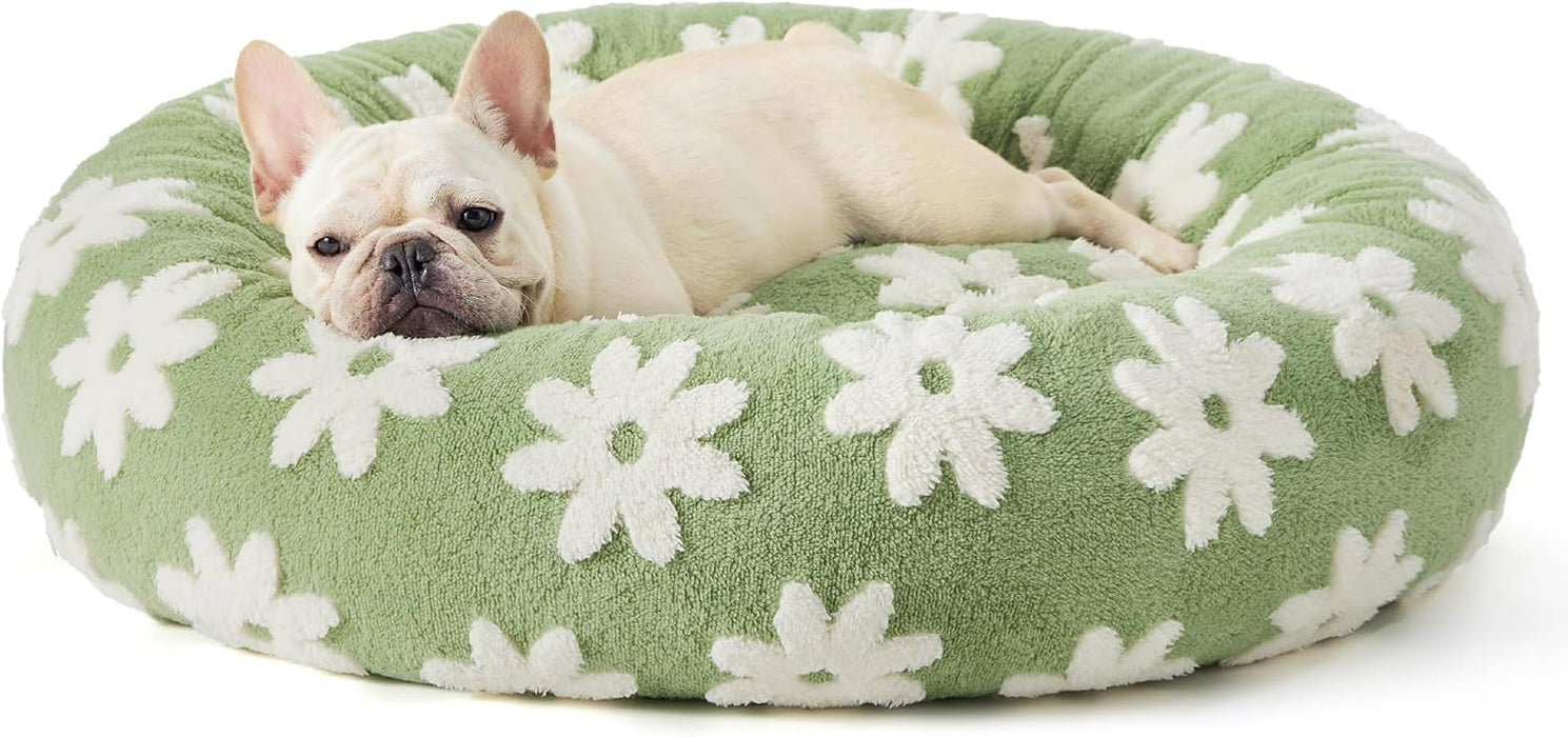Pet Donut Bed - 50cm Round Pet Bed Green Daisy Design