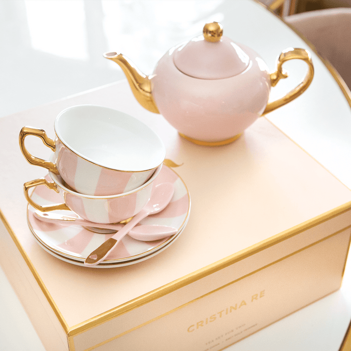 Two Cup & Teapot Tea Set - Blush Stripe - Lozza’s Gifts & Homewares 