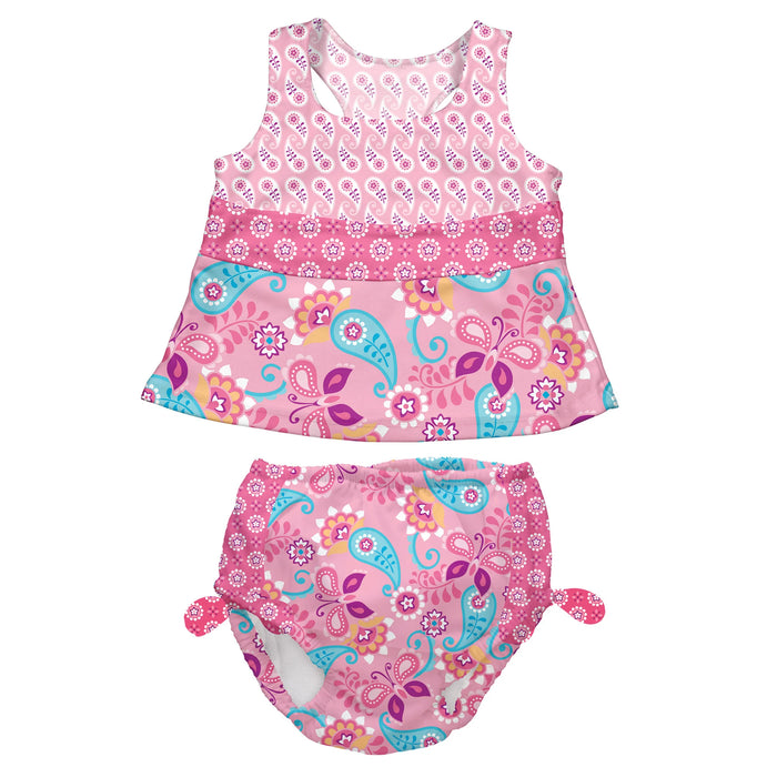i.play Ruffle Tankini Swimsuit Set with Snap Reusable Absorbent Swim Diaper- Pink Paisley