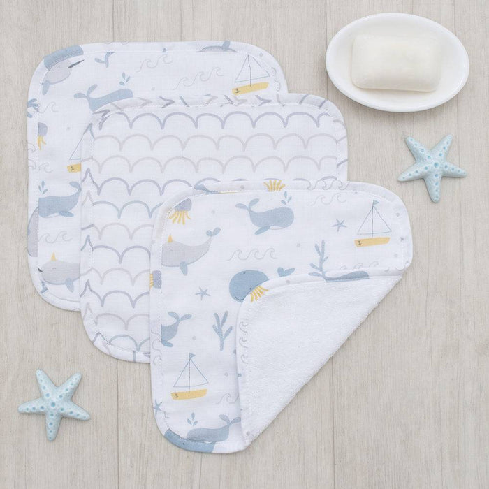 3-Pack Muslin Wash Cloths - Whale of a Time - Lozza’s Gifts & Homewares 