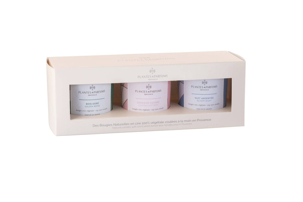 Plantes & Parfums - Set of 3 Candles 75g - Golden wood, Coppey Softness & Silvery Night - Lozza’s Gifts & Homewares 