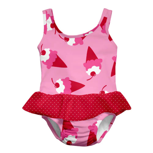 i.play Ruffle Swimsuit with Built-in Reusable Absorbent Swim Diaper - Pink Ice cream - Lozza’s Gifts & Homewares 