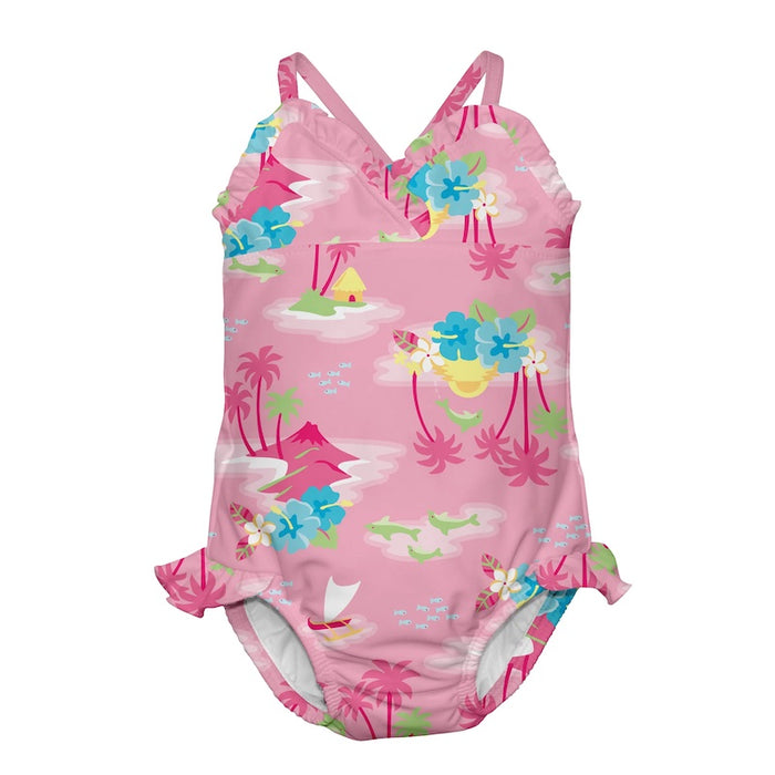 i.Play |  Ruffle Swimsuit with Built-in Reusable Absorbent Swim Diaper - Pink Flowers - 18months